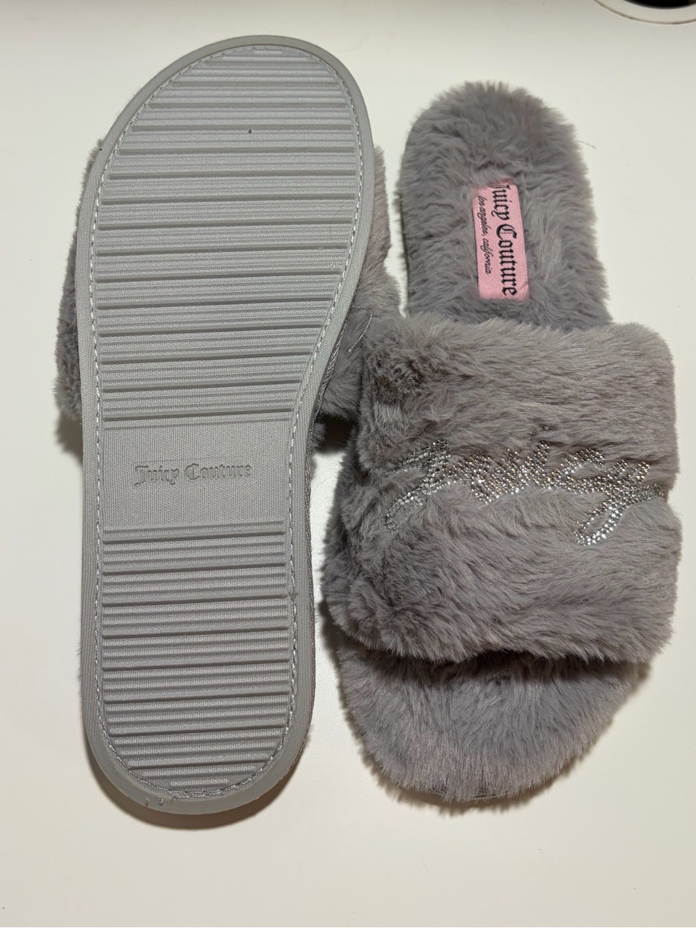 Juicy Couture Gray Plush Slide Slippers with Rhinestone Script